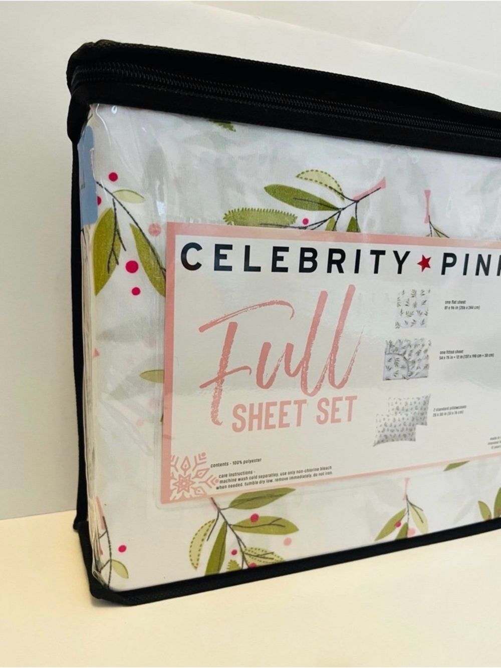 Celebrity Pink Holly and Berries Full Size Four Piece Sheet Set White Green Pink - Picture 11 of 12